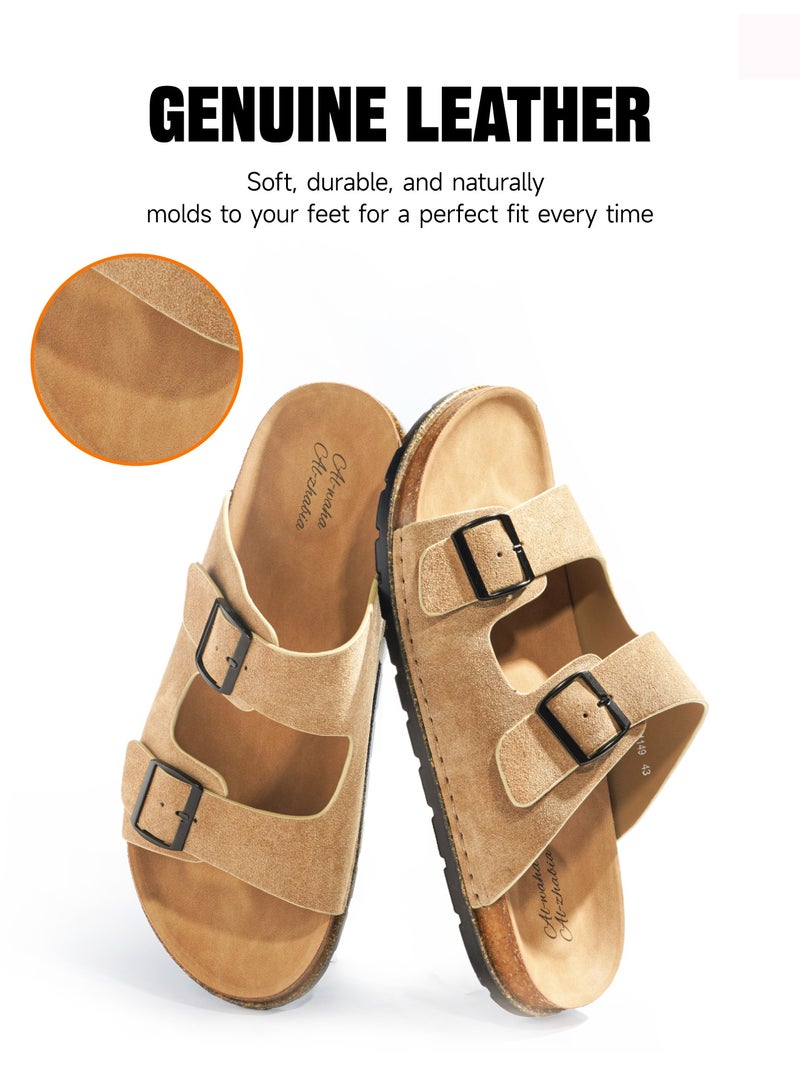 AL-WAHA AL-ZHABIA Men's Genuine Leather Khaki Sandals - Breathable PU Sole, Anti-Slip Design, Durable for Desert Climate & Daily Wear(43)  - Image 1