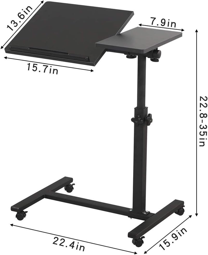 TigerDad Overbed Bedside Desk Mobile Rolling Laptop Stand Tilting Overbed Table with Wheels Height Adjustable Tray Table for Laptop Bed Sofa Side Table (Black) - Image 3