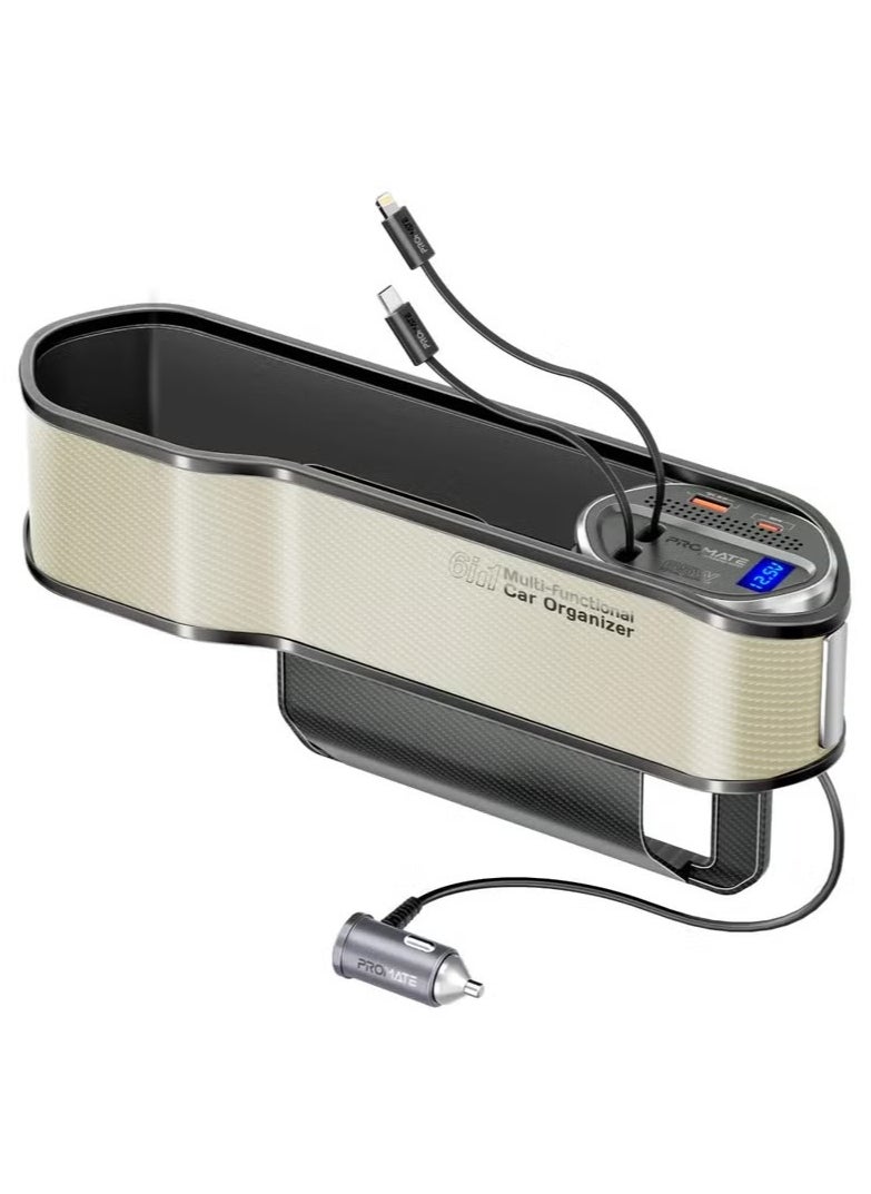 PROMATE 65W Multi-Functional Car Organizer and Charging Station with USB-C & Lightning Retractable Cables(golden)  - Image 1