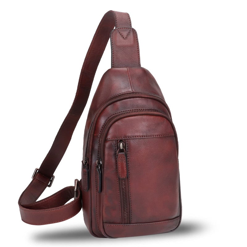IVTG Genuine Leather Sling Bag Chest Shoulder Pack Crossbody Casual Daypack Vintage Handmade Hiking Backpack Motorcycle Bag Coffee