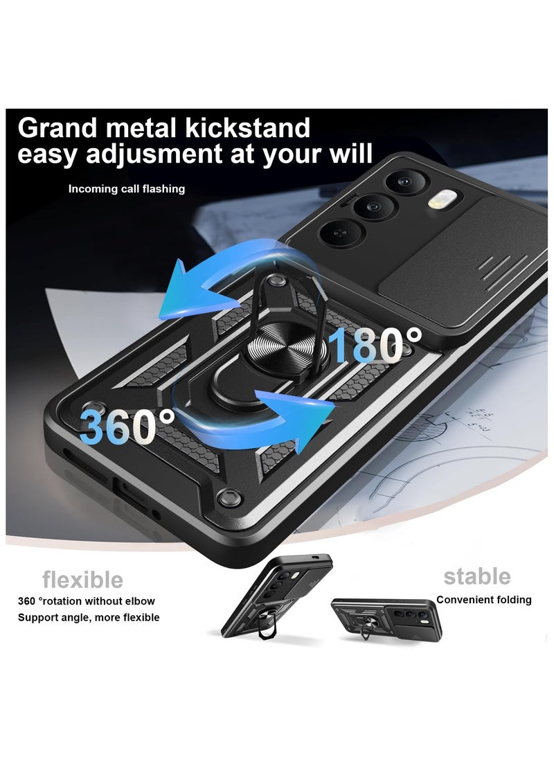 Generic for realme C75 4G Case Cover, Slide Camera Lens Cover, Magnetic Ring Holder Kickstand Protective Phone Case for realme C75 4G, Black  - Image 3