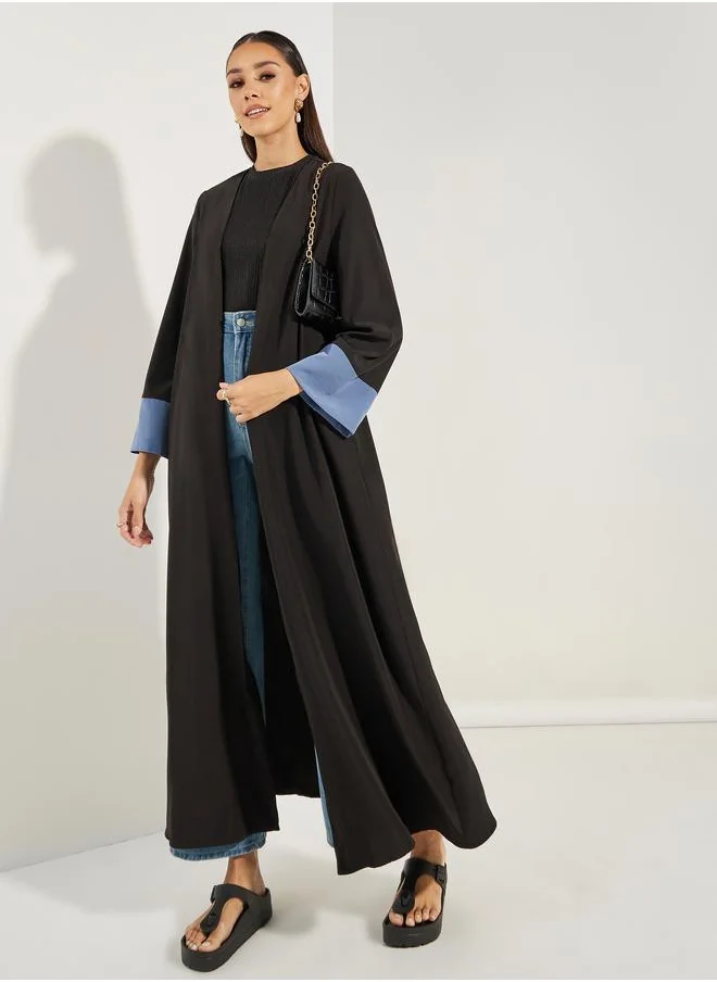 Styli Contrast Cuff Open Front Abaya