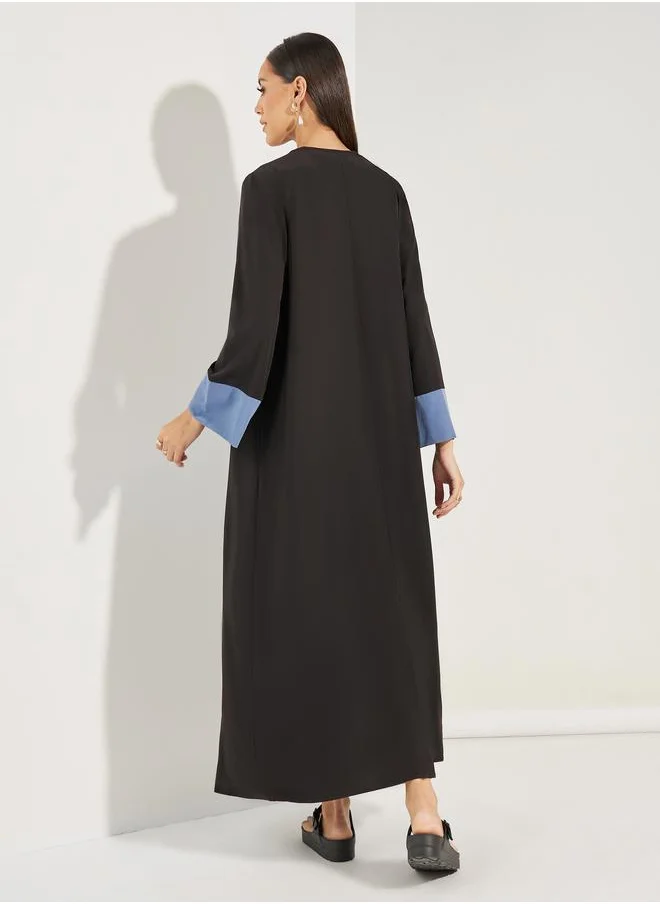 Styli Contrast Cuff Open Front Abaya