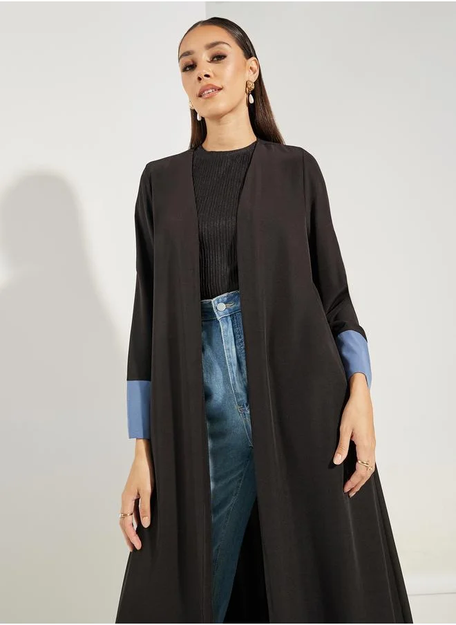 Styli Contrast Cuff Open Front Abaya