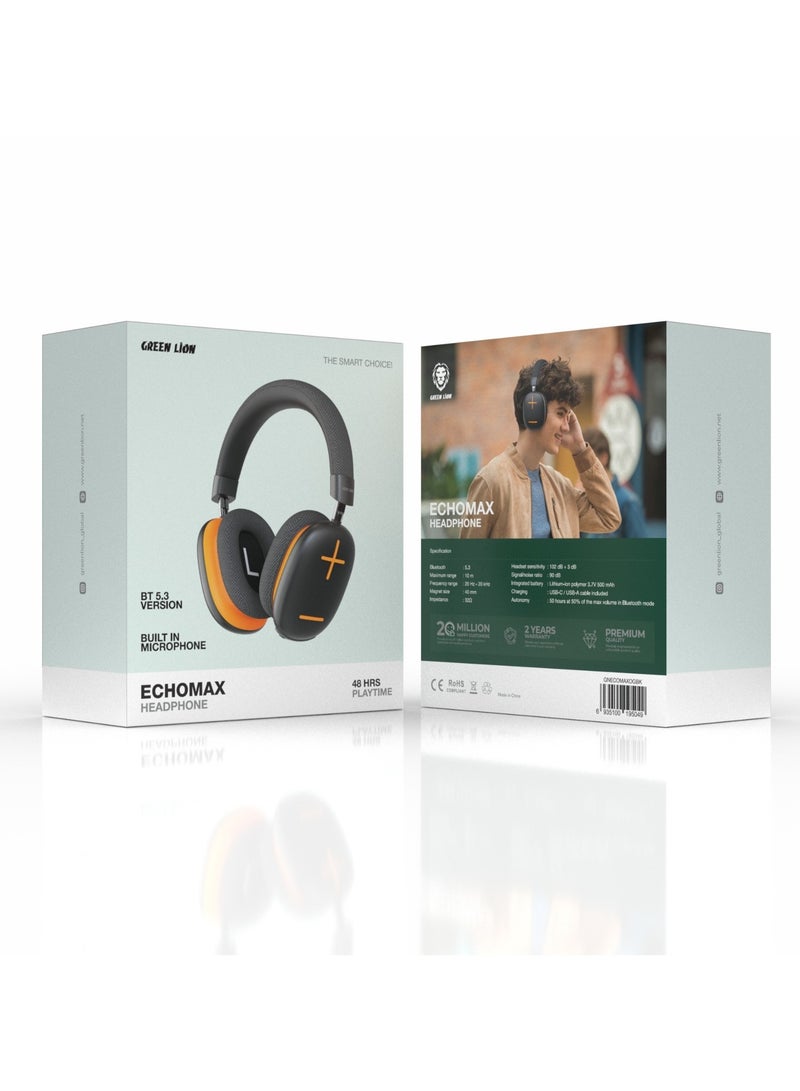 GREEN LION Echo Max Headphone / 48 Hours Play Time / 10m Transmission Range / Built in Microphone / Bluetooth V5.3 - Black & Orange - Image 2
