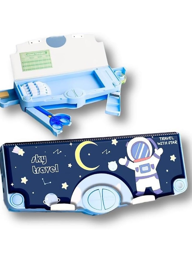 Astronaut design pencil case with 1 door and multiple buttons, including sharpeners, erasers, rulers, scissors, and colored tape. - Image 1