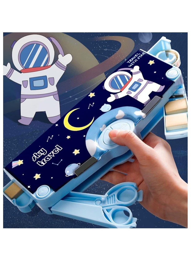 Astronaut design pencil case with 1 door and multiple buttons, including sharpeners, erasers, rulers, scissors, and colored tape. - Image 2