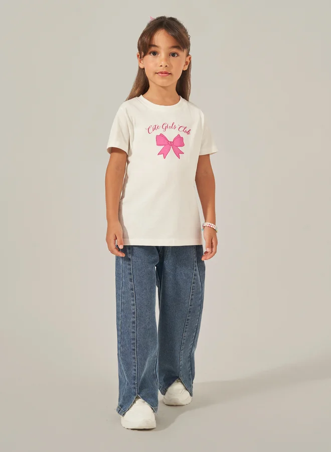 ستايلي Styli Bow Graphic Print Short Sleeve T-Shirt