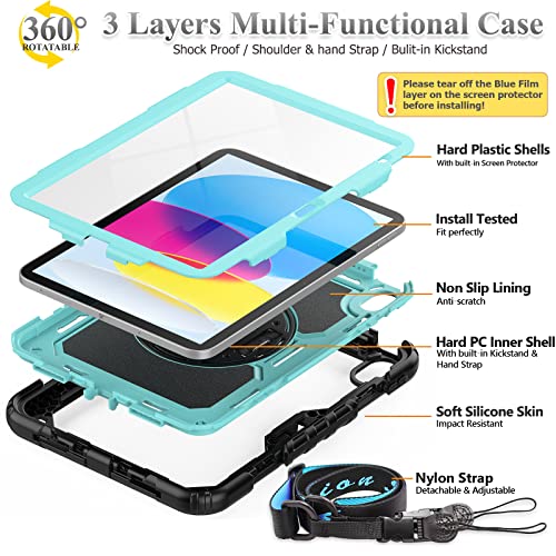 SEYMAC stock Case for iPad (A16) 11th/10th Generation 11''/10.9'' 2025/2022, Full-Body Drop Protection Case with Screen Protector &360° Rotate Hand Strap/Stand, Brightblue+Black - Image 5
