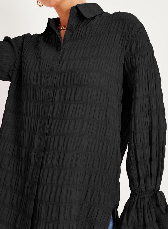 Styli Textured Oversized Longline Shirt with Buttons  - Image 4