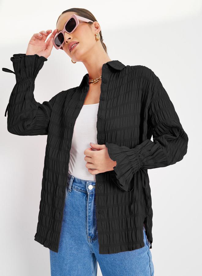 Styli Textured Oversized Longline Shirt with Buttons  - Image 3