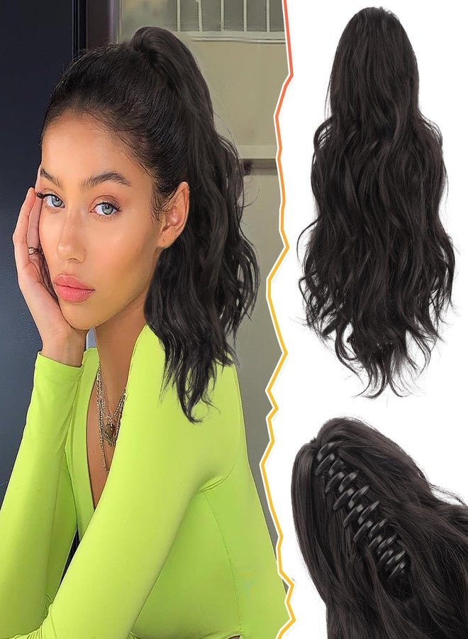 BARSDAR Claw Clip in Ponytail Extensions - 14 Inch Short Wavy Dark Brown Ponytail Hair Extensions for Women - Synthetic Claw Clip in Pony Tails Hairpieces Fake Pony Tails - Dark Brown - Image 1