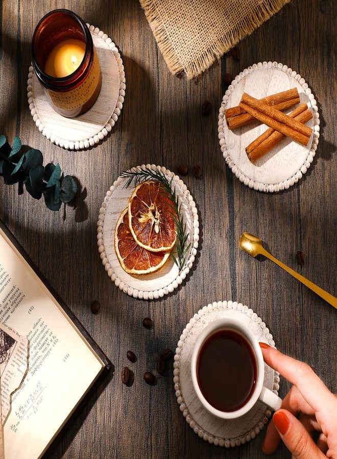 Honeydak 4 Pieces Wood Beaded Coasters 3.9 Inch Round Rustic Farmhouse Wooden Coasters for Drinks Decorative Table Top Wood Bar for Housewarming Home Kitchen(Beige) - Image 3