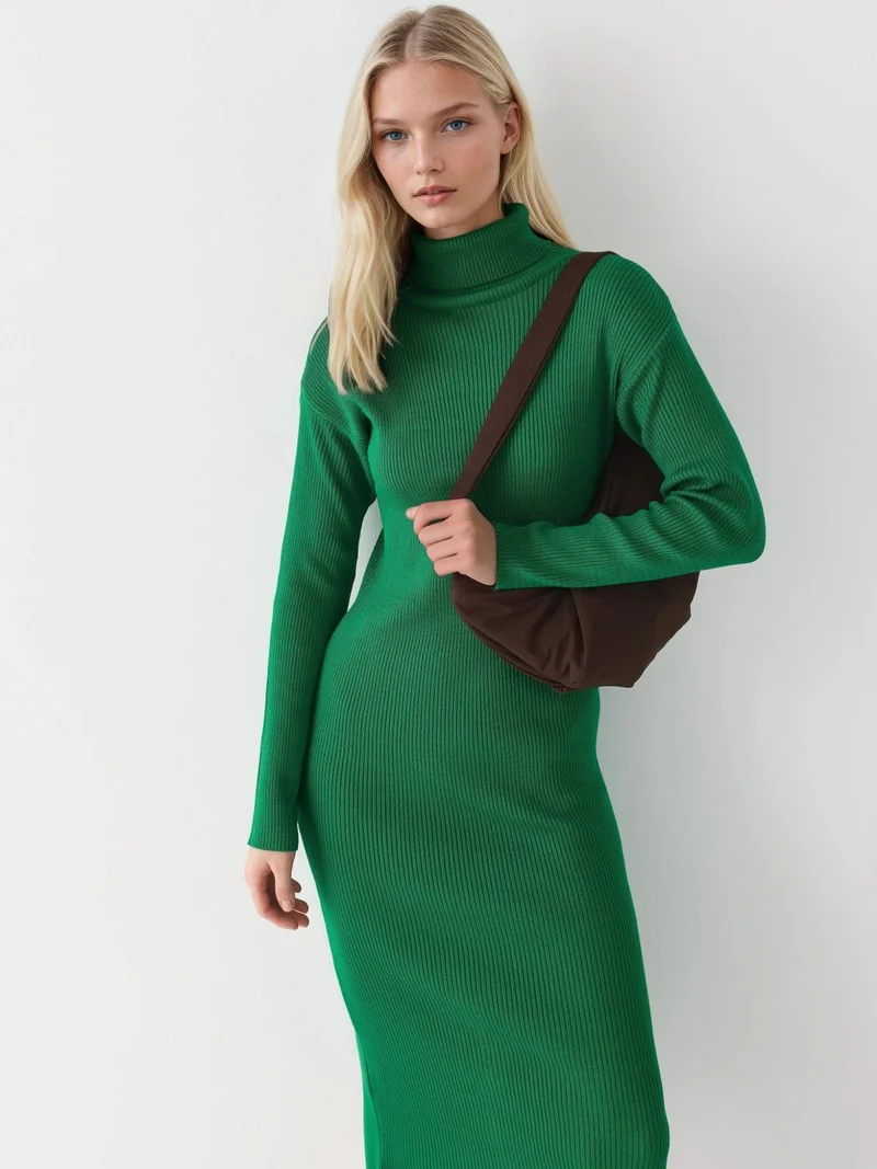 MY FASHION Green MY FASHION Ribbed Turtleneck Bodycon Knit Dress for Women | Best Price UAE