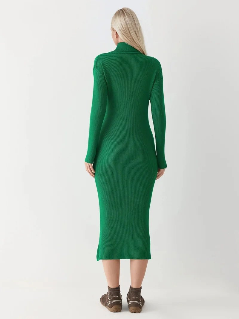 موضتي MY FASHION Ribbed Turtleneck Bodycon Knit Dress