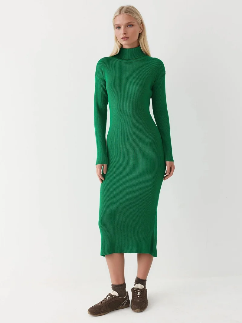 MY FASHION Green MY FASHION Ribbed Turtleneck Bodycon Knit Dress for Women | Best Price UAE