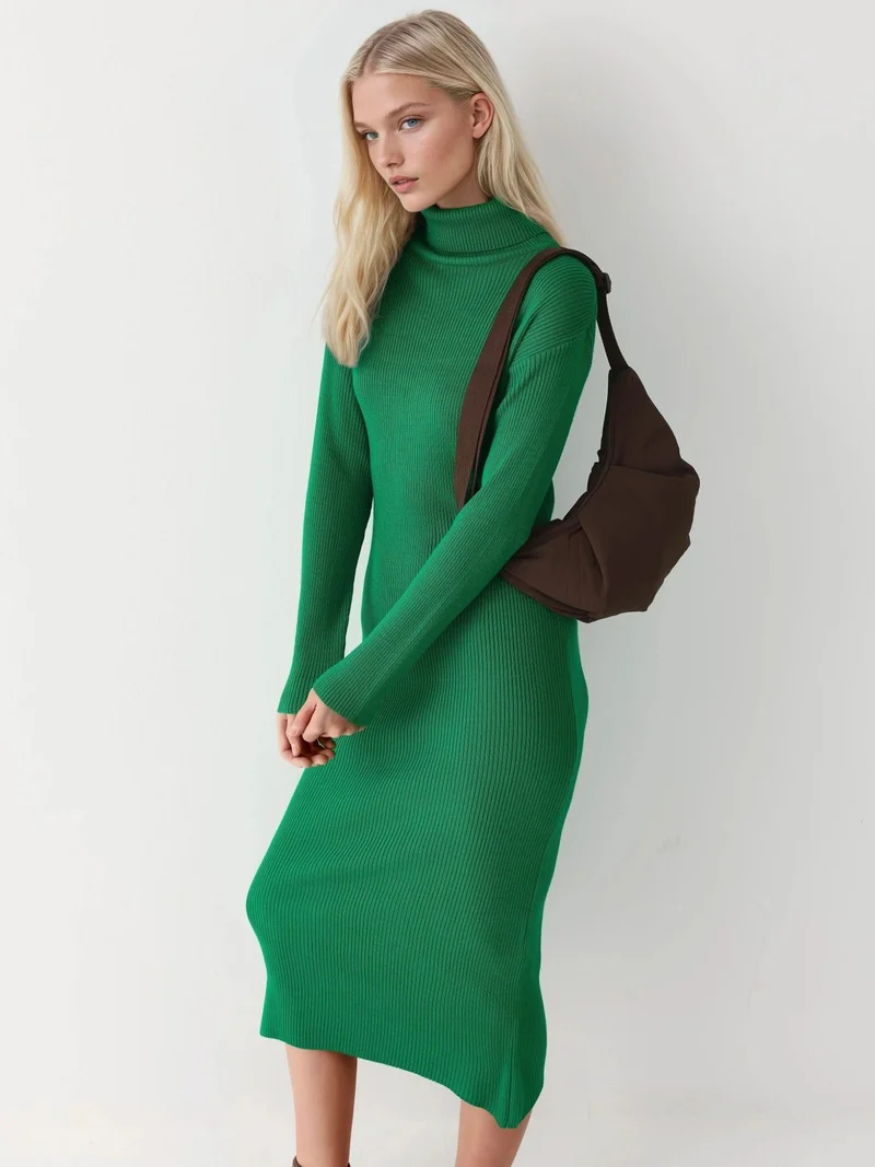 موضتي MY FASHION Ribbed Turtleneck Bodycon Knit Dress