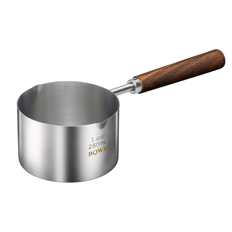 BQWII stainless steel mini pot  butter warmer 85fl oz 250ml coffeemilk warmer mini sauce pan for coffee ideal for seafood butter warmersmelting pot With dual spouts and wooden handle