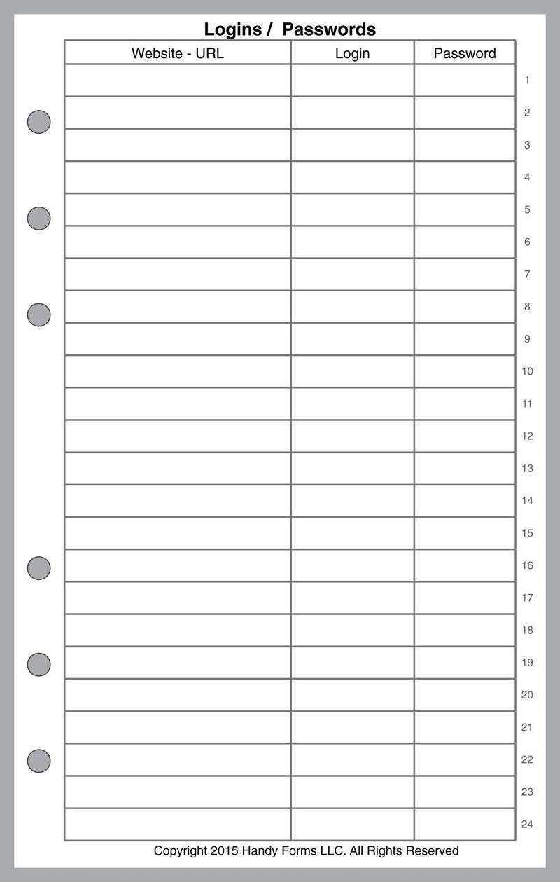 Compact Size Login Password List, Sized and Punched for Franklin Covey Compact and Other Notebooks (4.25" x 6.75")