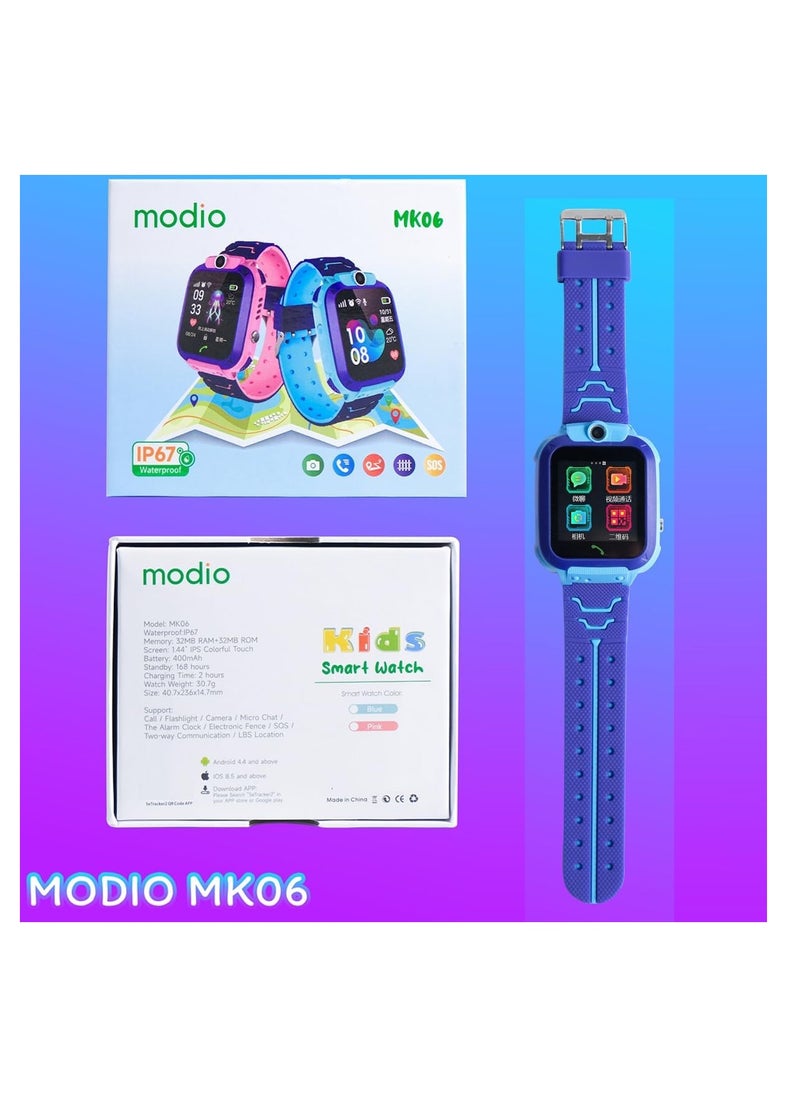 modio - Modio MK06 Kids Smartwatch – GPS Tracking, Two-Way Calling, SOS Emergency Button, Camera, Flashlight, and Waterproof Design for Safe and Fun Everyday Use (Blue) - Image 1