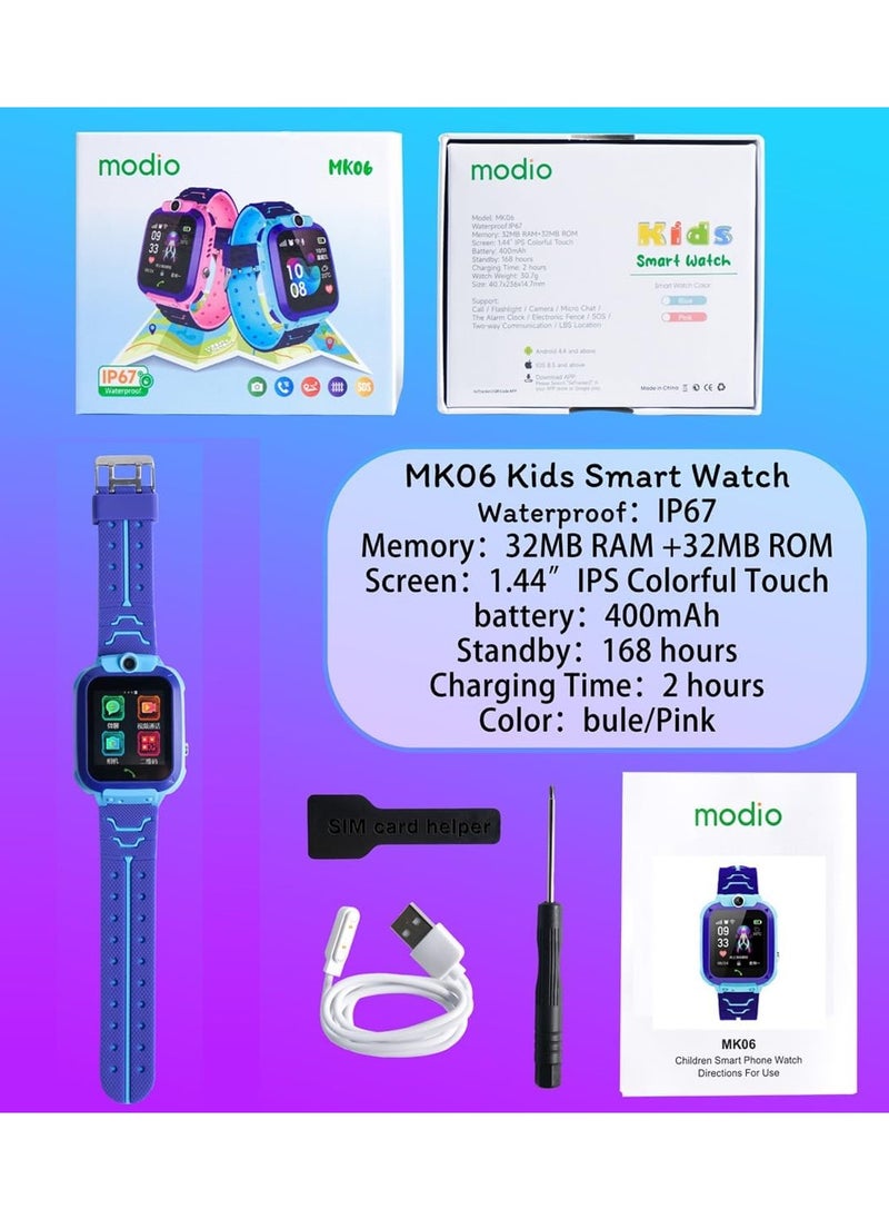 modio - Modio MK06 Kids Smartwatch – GPS Tracking, Two-Way Calling, SOS Emergency Button, Camera, Flashlight, and Waterproof Design for Safe and Fun Everyday Use (Blue) - Image 1