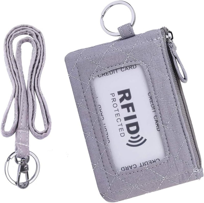 TELEXSUN Iconic Zip ID Case Card Holder for Women,Signature Cotton Coin Purse with Id Window,RFID Blocking Change Pouch with Key Chain(GREY) - Image 1
