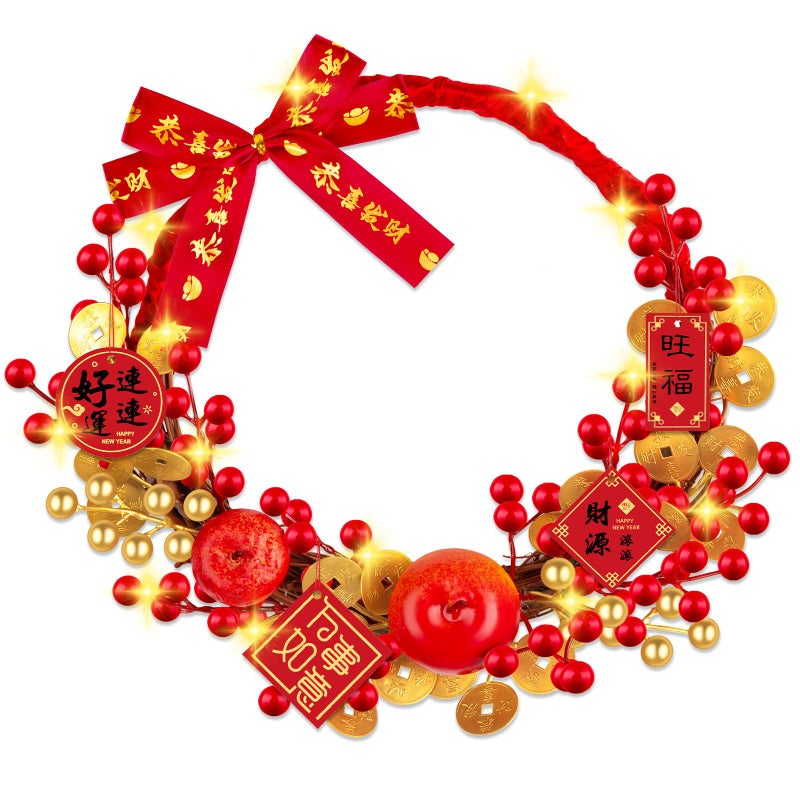 Denylo pro Chinese New Year Wreath with Apples Vine Circle Gold Leaver Flower Wreath Chinese Spring Festival Hanging Ornament for Wall Door Windows Spring Festival Decor - Image 1