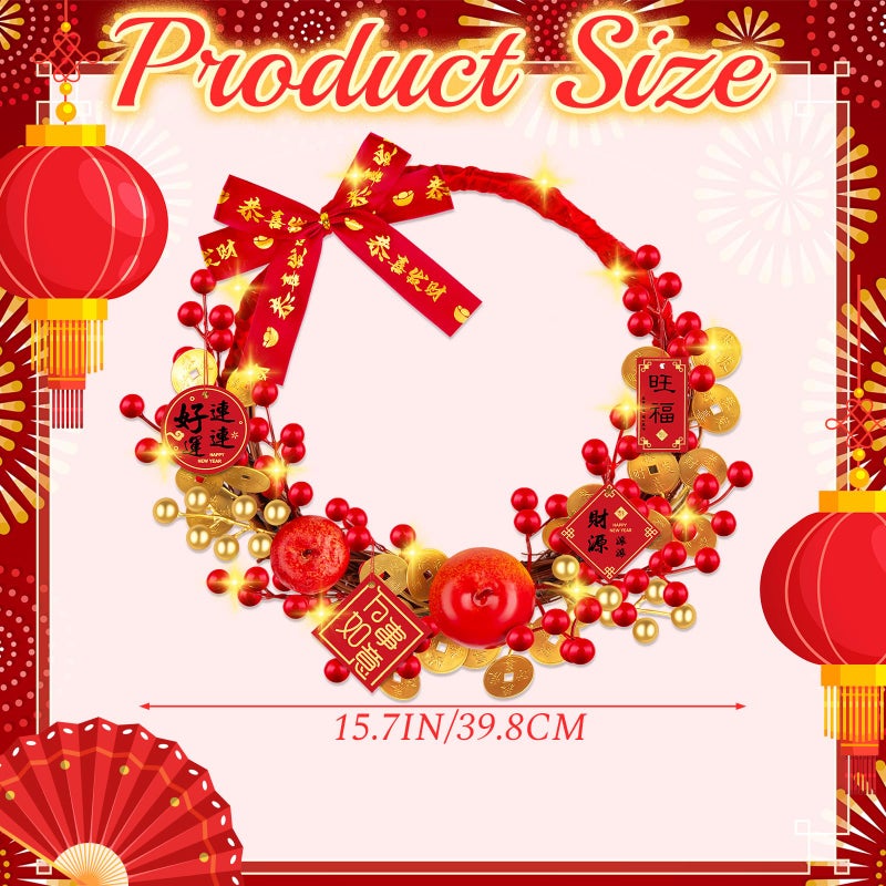 Denylo pro Chinese New Year Wreath with Apples Vine Circle Gold Leaver Flower Wreath Chinese Spring Festival Hanging Ornament for Wall Door Windows Spring Festival Decor - Image 2