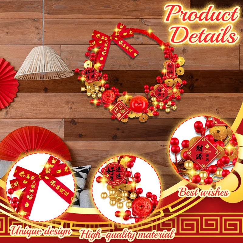 Denylo pro Chinese New Year Wreath with Apples Vine Circle Gold Leaver Flower Wreath Chinese Spring Festival Hanging Ornament for Wall Door Windows Spring Festival Decor - Image 3