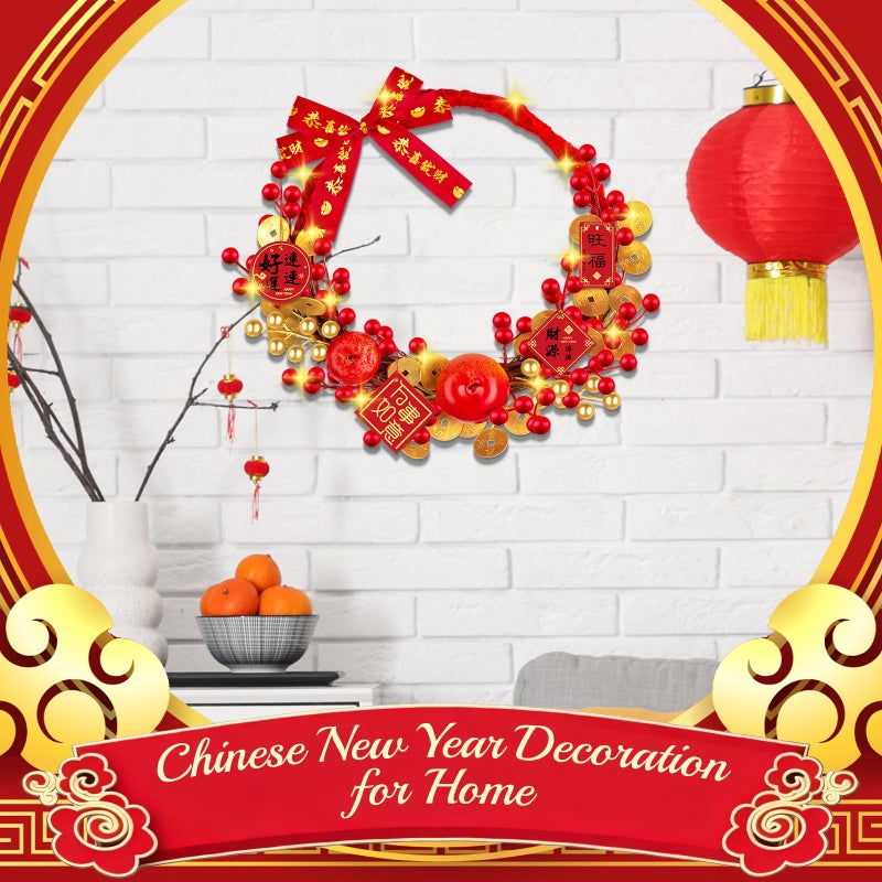 Denylo pro Chinese New Year Wreath with Apples Vine Circle Gold Leaver Flower Wreath Chinese Spring Festival Hanging Ornament for Wall Door Windows Spring Festival Decor - Image 5