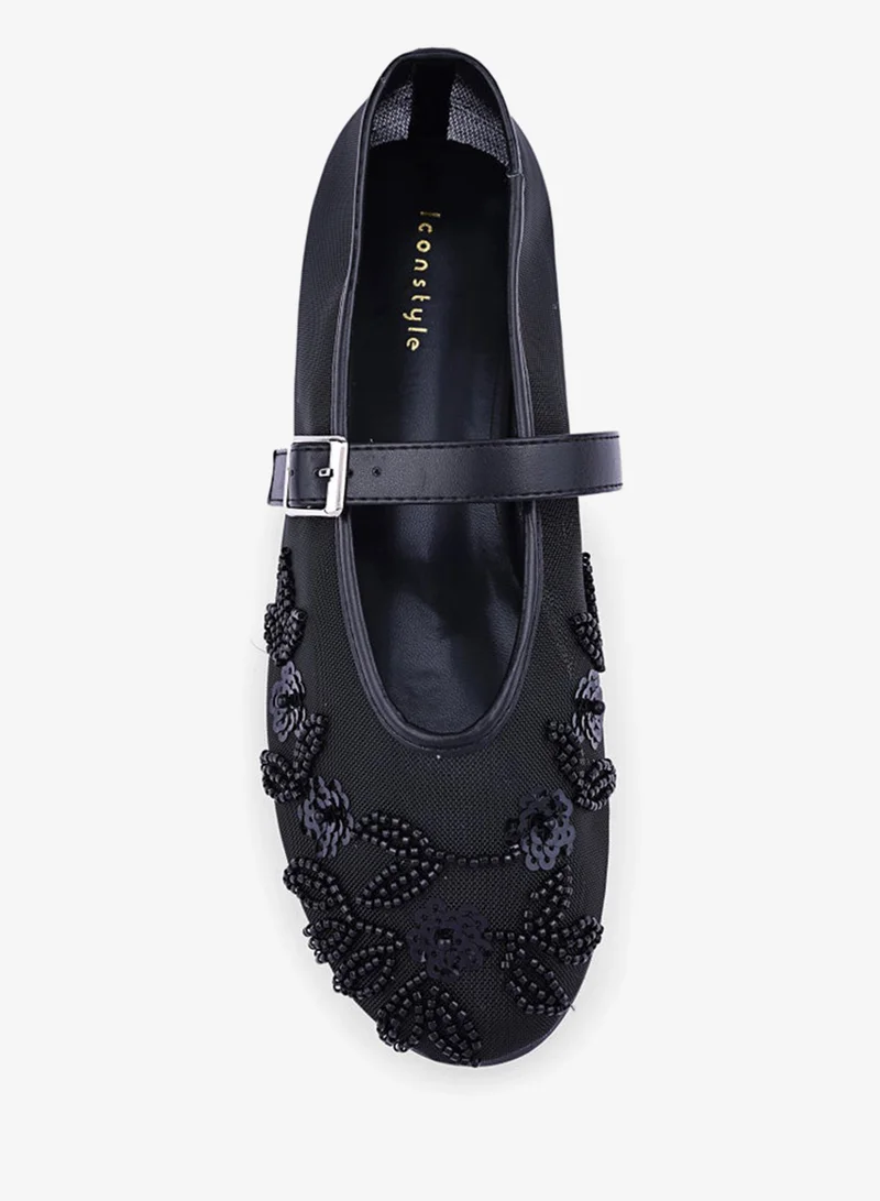 IconStyle Black Beaded Mesh Mary Jane Flats for Women | Best Price UAE