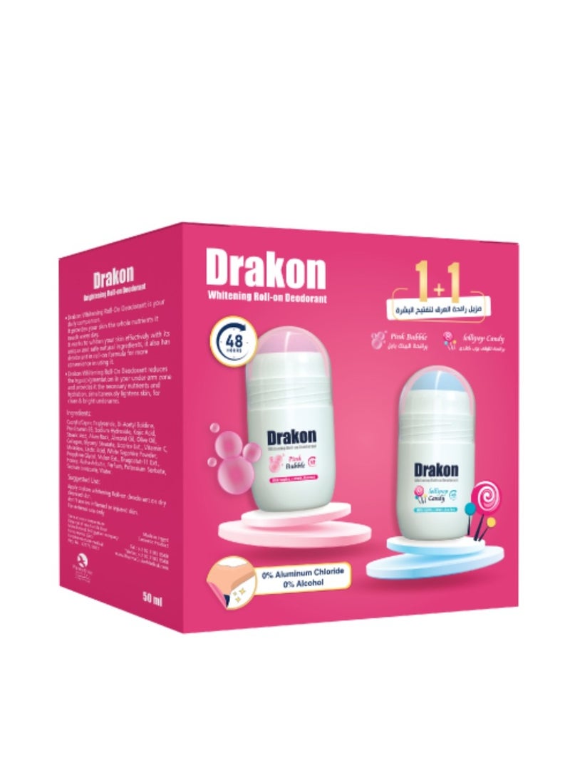 DRAKON Whitening Roll-On Deodorant 5in1 Pink Bubble + Roll-On Deodorant Lollipop candy Scent 1+1