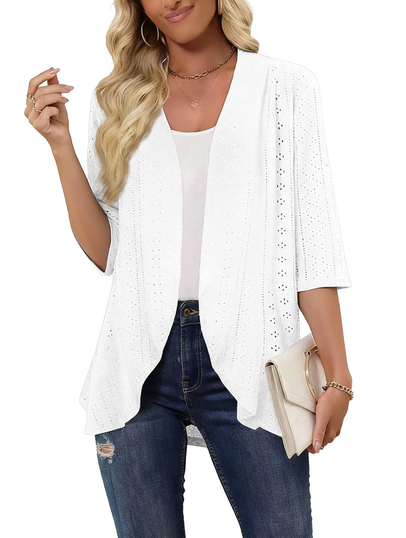 Askyes Lightweight Summer Cardigan for Womens Spring Netted Knit Ruffle Half Sleeve Flowy Kimono Cover Ups Cardigans,White,L - Image 2