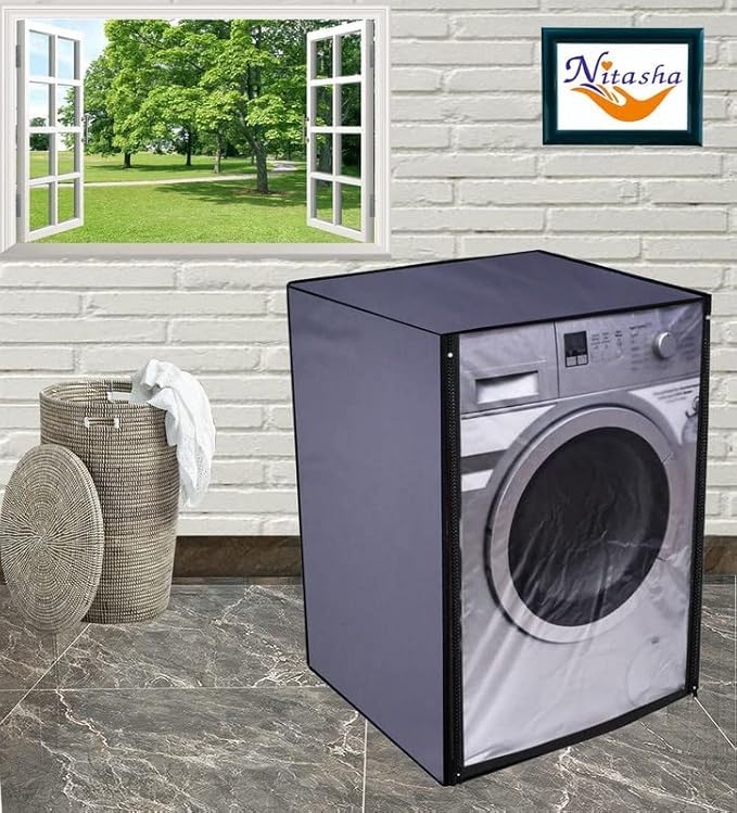 Nitasha Front load Waterproof Washing machine cover Compatible for Haier 8 kg | Cover Grey Color | Front Flap Clear Transparent - Image 3