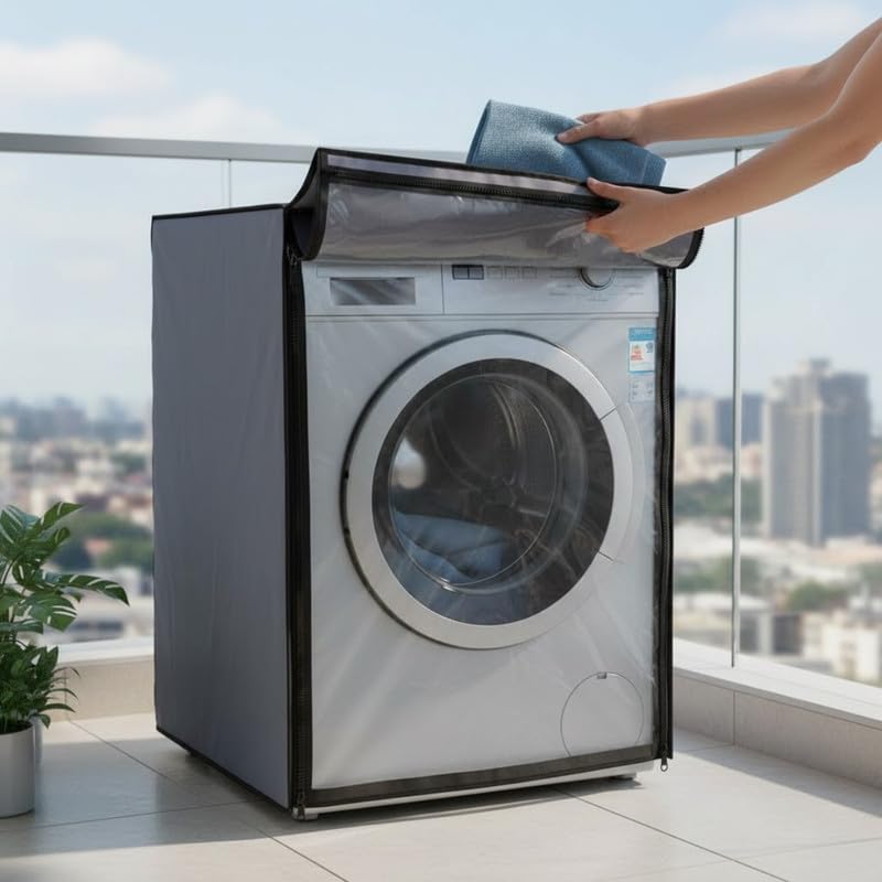 Nitasha Front load Waterproof Washing machine cover Compatible for Haier 8 kg | Cover Grey Color | Front Flap Clear Transparent - Image 4