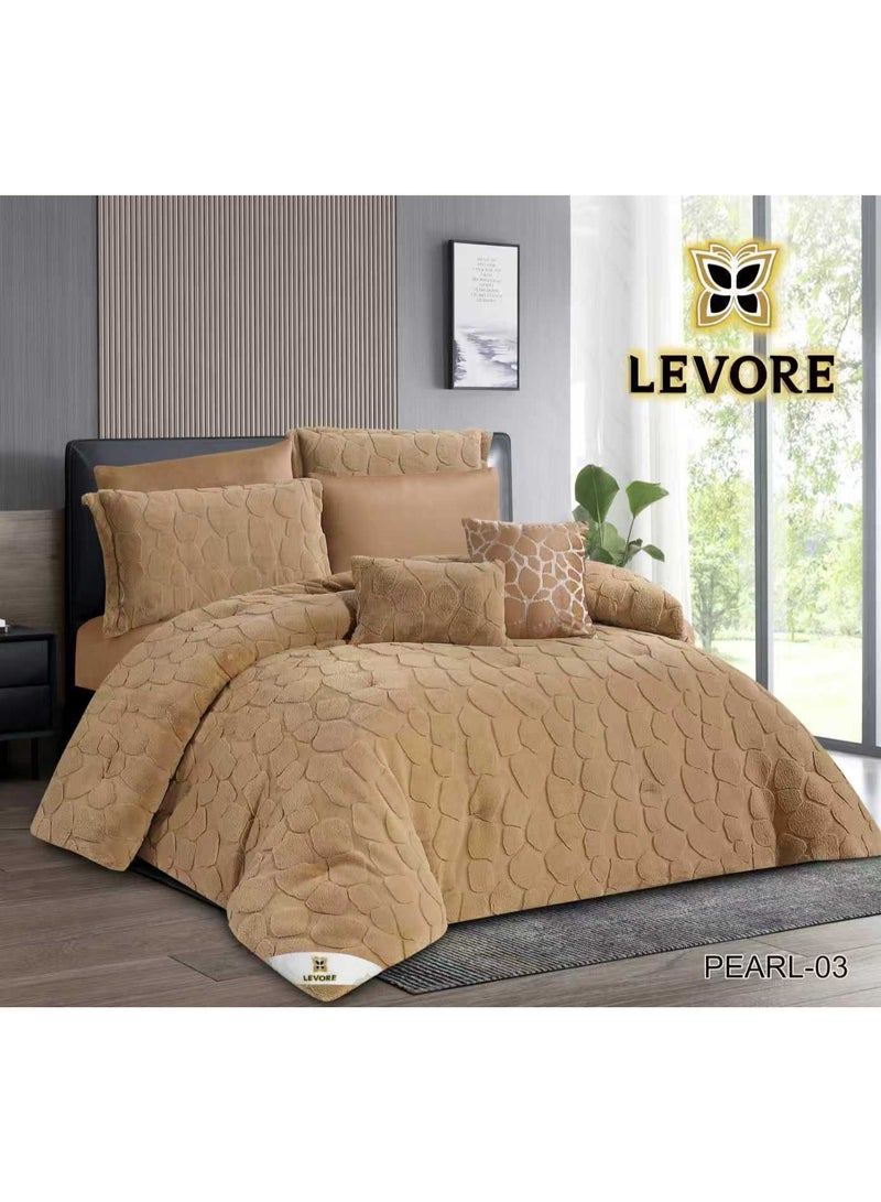 LEVORE Pearl Winter Double Bedspread Set, 8 Pieces, Luxurious Faux Fur