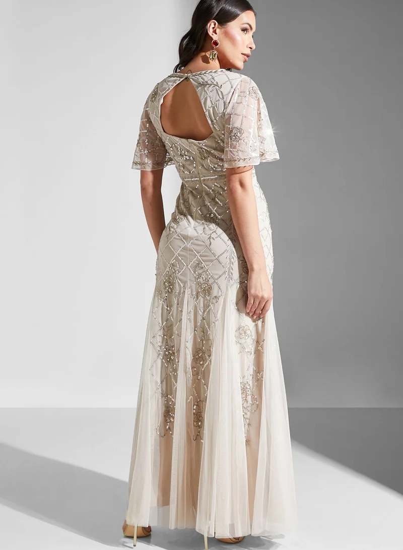 Adrianna Papell Embellished Mesh Tiered Dress