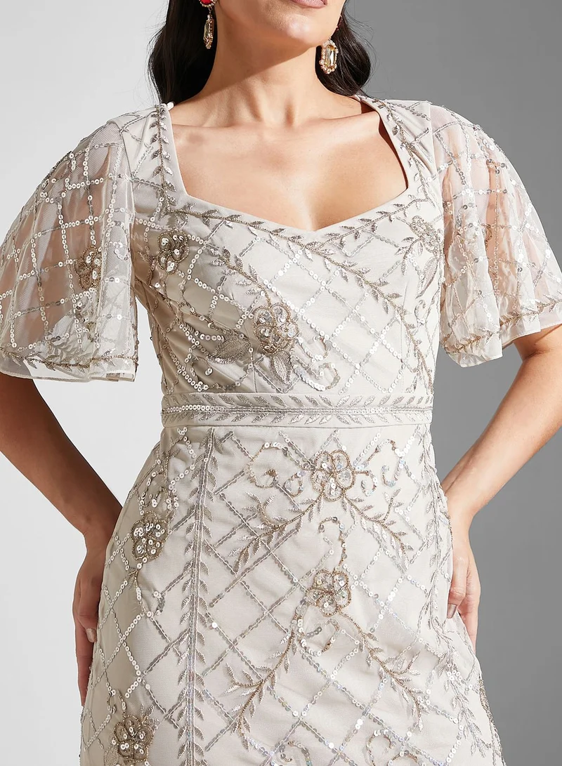 Adrianna Papell Embellished Mesh Tiered Dress