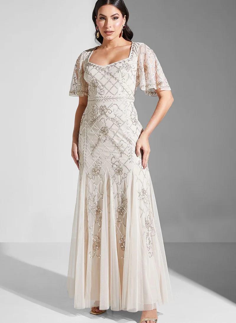 Adrianna Papell Embellished Mesh Tiered Dress