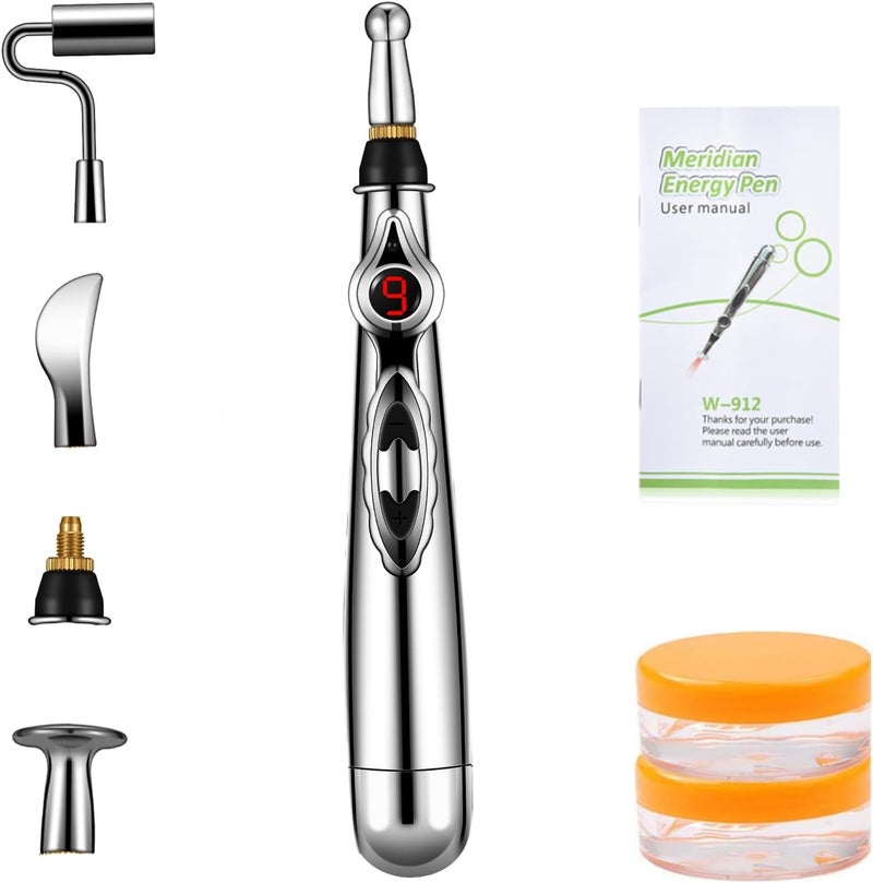 UYGHHK 5-in-1 Massage Acupuncture Pen, Electronic Pain Relief Therapy, Meridian Energy Massager Pen Self Massage Tools Muscle Healing with Massaging Gel
