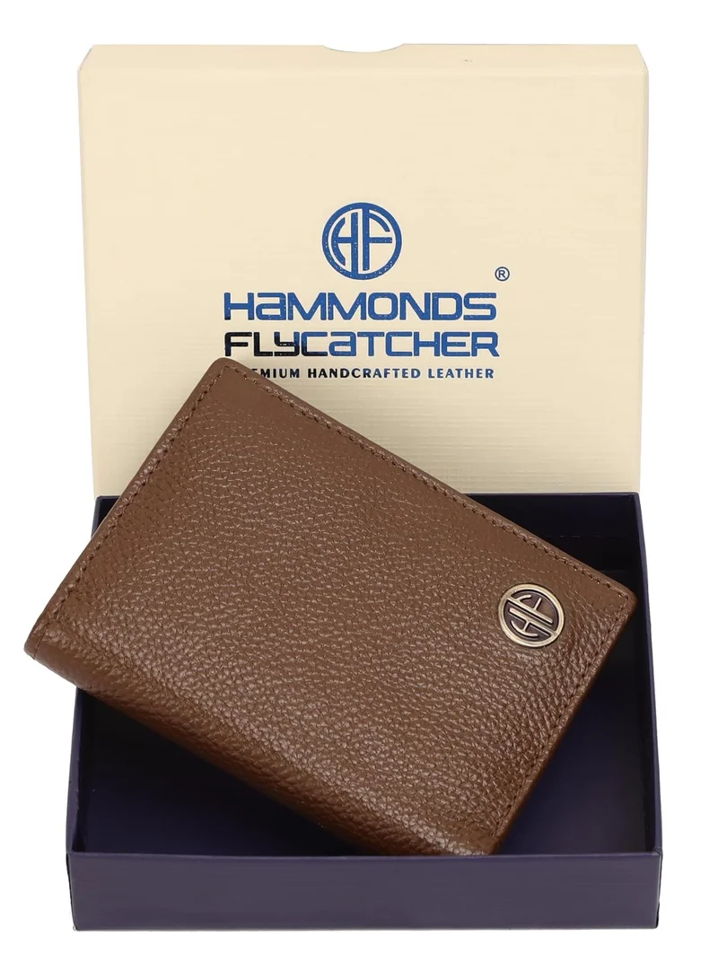 HAMMONDS FLYCATCHER Leather Wallet for Men, RFID Protected Leather Purse for Men, Money Purse for Men, Tri-Fold Wallet, 5 Card Slots, 2 ID Slots, Hidden Pockets, Metal Snap Button, Brushwood | 4LFK