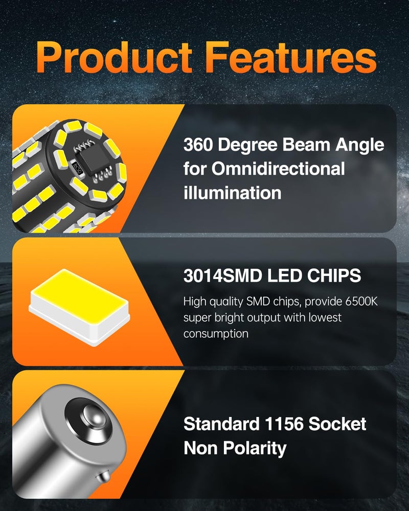 LUYED 1156 LED Bulb 6500K White Super Bright Back Up Reverse Lights Low Power,BA15S 1141 1003 7506 P21W LED Replacement for Tail Light,RV Lights,Side Marker Lights,Pack of 10 - Image 2