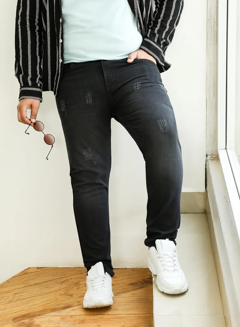 انستافاب بلس Instafab Plus Men's Onyx Black Dark-Wash Distressed Denim Jeans For Casual Wear | Mid-Rise | Skinny Fit | Button Closure | Plus Size Denim Jeans Crafted With Comfort Fit For Everyday Wear