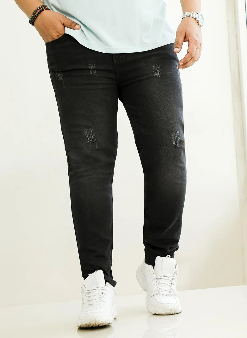 انستافاب بلس Instafab Plus Men's Onyx Black Dark-Wash Distressed Denim Jeans For Casual Wear | Mid-Rise | Skinny Fit | Button Closure | Plus Size Denim Jeans Crafted With Comfort Fit For Everyday Wear