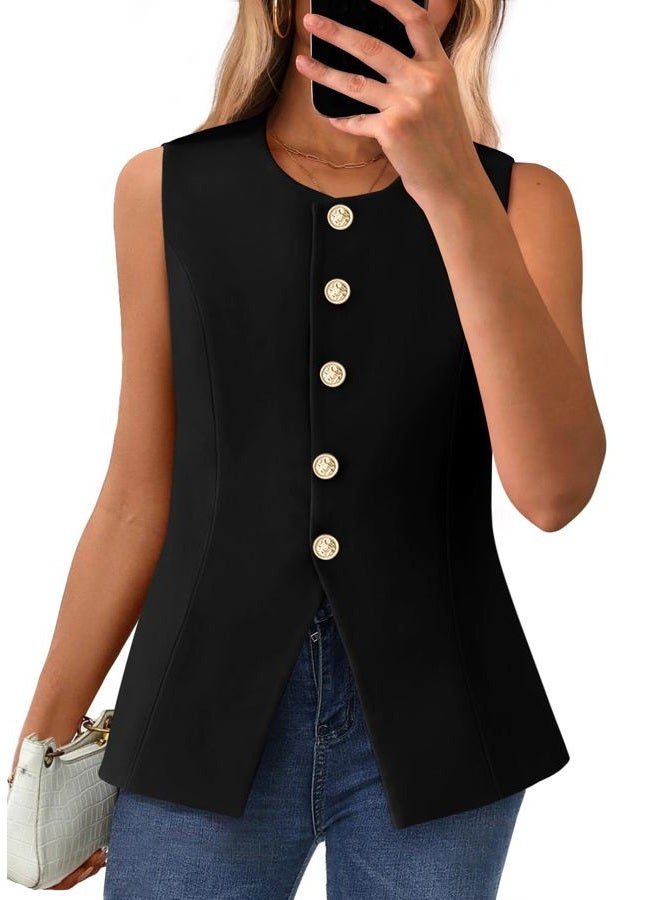 BTFBM Summer Sleeveless Blazer Vest For Women Dressy Button Down Round Neck Business Casual Outfits Work Suit Vests Tops, Black, L - Image 1