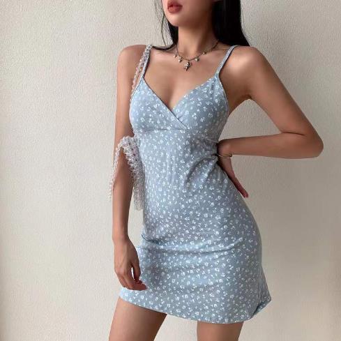 European and American pure desire retro printed V-neck sling dress womens summer 2024 New floral suspender dress womens foreign trade Skirt 3-gray blue 