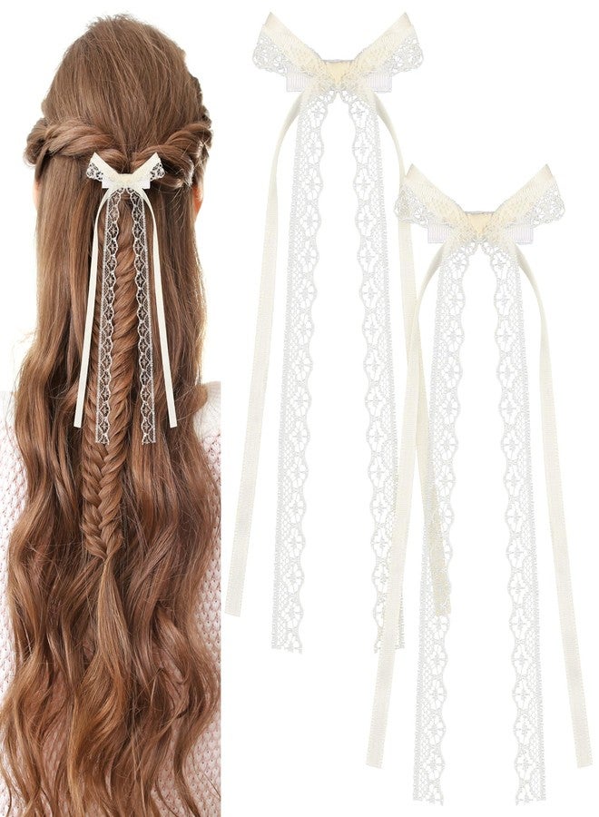 Tyqour 2pcs Lace Hair Bows Clips with Long Tail for Women Girls White Lace Bows for Hair Cute Lace Hair Ribbon Bow Bowknots Tassel Hair Barrettes Gifts for Baby Toddlers Teens Kids - Image 1