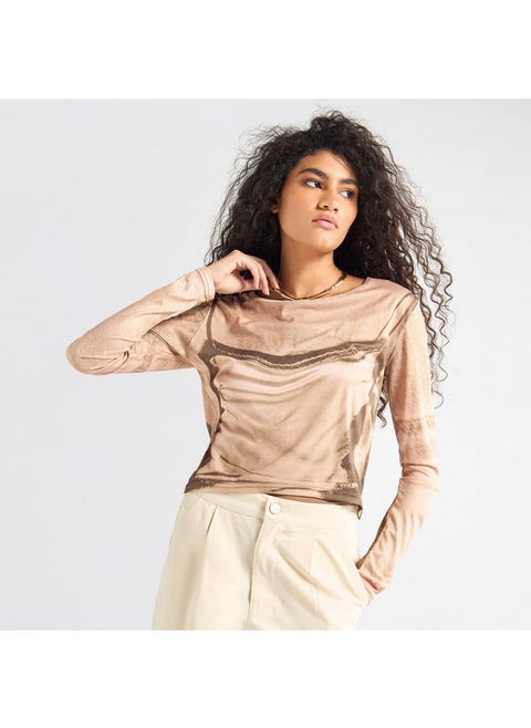 Printed Crew Neck T-shirt with Long Sleeves