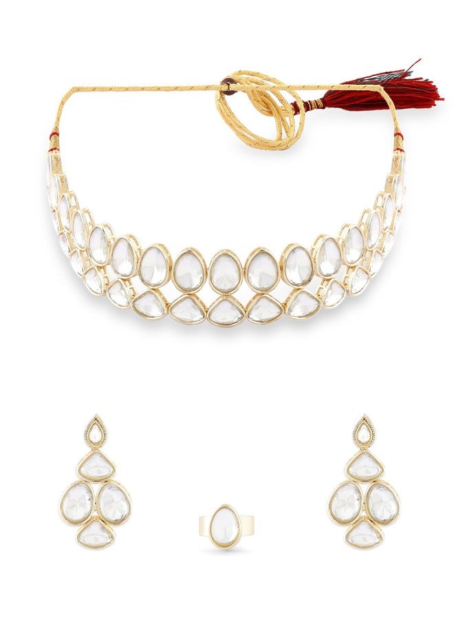 Zaveri Pearls طقم عقد وأقراط وخاتم تقليدي من زافيري بيرلز، مطلي بالذهب ومرصع بأحجار براقة - ZPFK17601 - Image 1