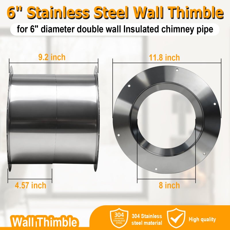 REEPLAR Wall Thimble for 6" Diameter Pipe Double Wall Insulated Chimney Pipe 304 Stainless Steel Wood Stove Pipe Wall Chimney Vent Pipe 6 Inch Flue Thimble - Image 2